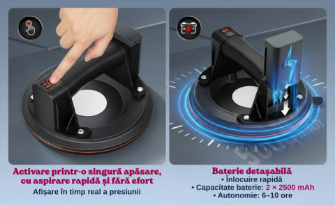 Ventuza Electrica Profesionala, Reincarcabila, Baterie 2400mAh, Afisaj digital, Vacum cu afisaj LED, pentru ridicat materiale grele, 300kg, sticla, usi, geamuri, placi ceramice, marmura, gresie, Negru [11]