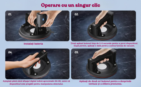 Ventuza Electrica Profesionala, Reincarcabila, Baterie 2400mAh, Afisaj digital, Vacum cu afisaj LED, pentru ridicat materiale grele, 300kg, sticla, usi, geamuri, placi ceramice, marmura, gresie, Negru [10]