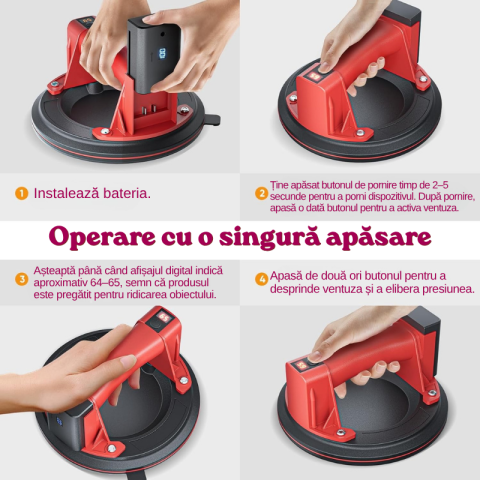 Ventuza Electrica Profesionala, Reincarcabila, Baterie 2400mAh, Afisaj digital, Vacum cu afisaj LED, pentru ridicat materiale grele, sticla, usi, geamuri, placi ceramice, marmura, gresie, Rosu/Negru, [2]
