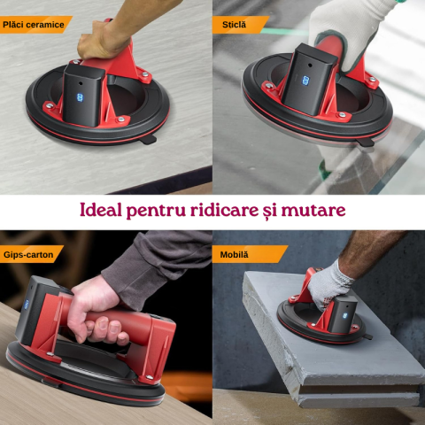 Ventuza Electrica Profesionala, Reincarcabila, Baterie 2400mAh, Afisaj digital, Vacum cu afisaj LED, pentru ridicat materiale grele, sticla, usi, geamuri, placi ceramice, marmura, gresie, Rosu/Negru, [6]