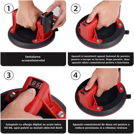 Ventuza Electrica Profesionala, Reincarcabila, Baterie 2400mAh, Afisaj digital, Vacum cu afisaj LED, pentru ridicat materiale grele, sticla, usi, geamuri, placi ceramice, marmura, gresie, Rosu/Negru,  [4]