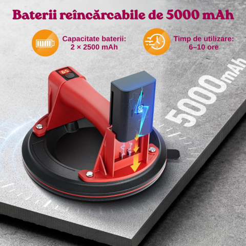 Ventuza Electrica Profesionala, Reincarcabila, Baterie 2400mAh, Afisaj digital, Vacum cu afisaj LED, pentru ridicat materiale grele, sticla, usi, geamuri, placi ceramice, marmura, gresie, Rosu/Negru, [4]
