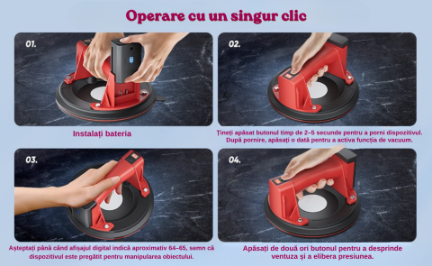 Ventuza Electrica Profesionala, Reincarcabila, Baterie 2400mAh, Afisaj digital, Vacum cu afisaj LED, pentru ridicat materiale grele, sticla, usi, geamuri, placi ceramice, marmura, gresie, Rosu/Negru, [12]