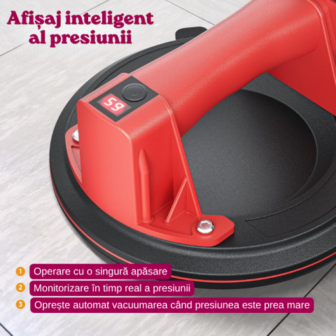 Ventuza Electrica Profesionala, Reincarcabila, Baterie 2400mAh, Afisaj digital, Vacum cu afisaj LED, pentru ridicat materiale grele, sticla, usi, geamuri, placi ceramice, marmura, gresie, Rosu/Negru, [1]