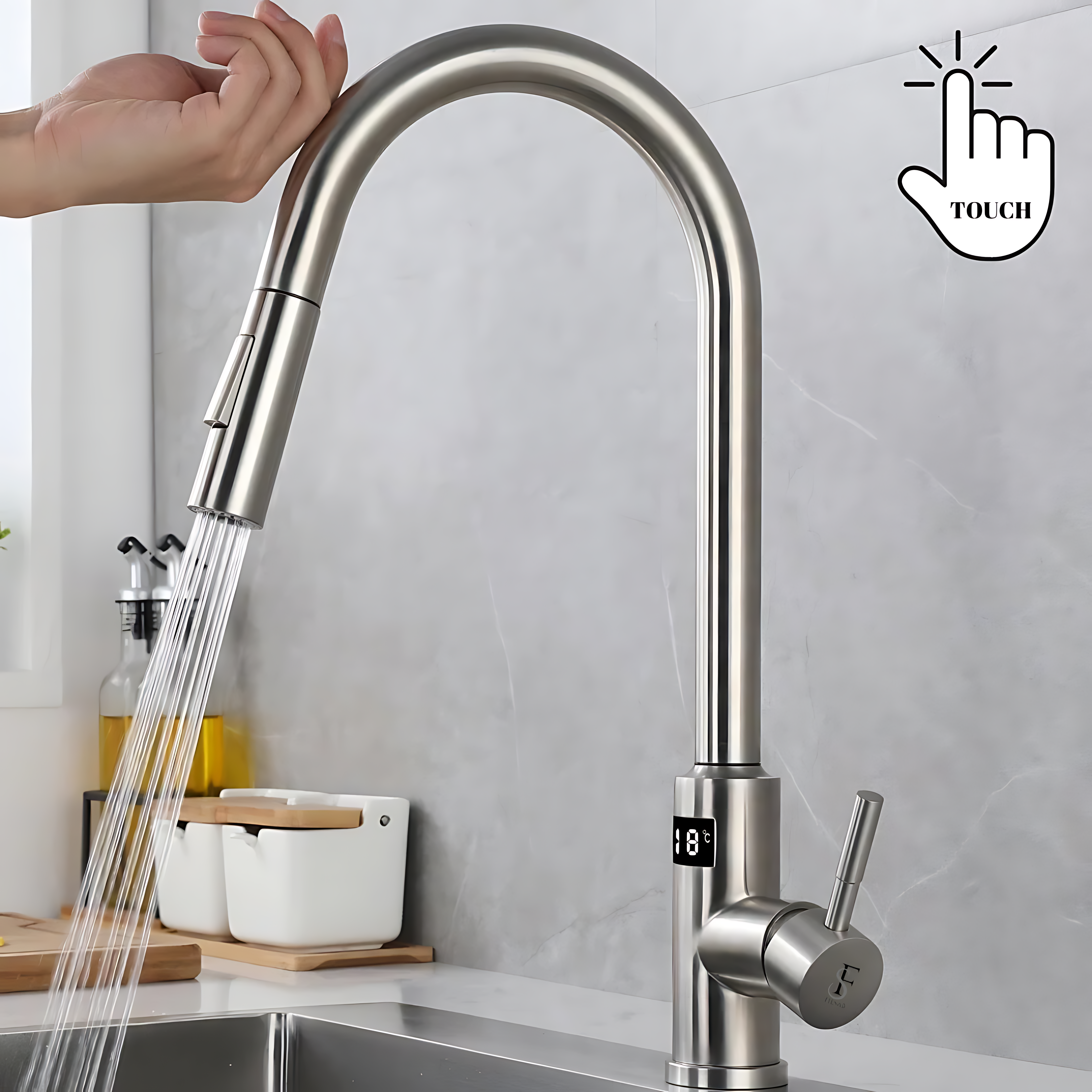 Baterie Bucatarie Gri - INOX, Profesionala, Afisaj Digital LED Remperatura, Senzor de Pornire la Atingere (touch control), Rotire 360°, Dus Extractibil si Pivotant, 2 Functii de Curgere a Apei, Silent [3]