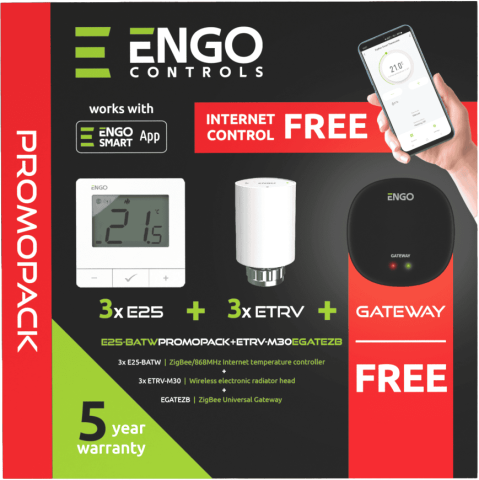 ENGO - PROMOPACK (W)  E25-BATWX3BC+ETRV-M30X3BC+EGATEZBX1BC ENGO 3X TERMOSTATE E25-BATW (ALB)+3XCAP TERMOSTAT RADIATOR+1XGATEWAY
