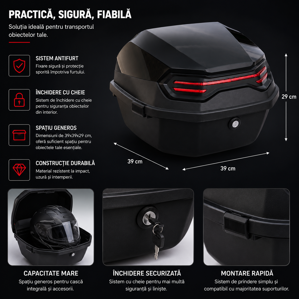 Cutie Portbagaj Moto Scuter FIXATO Negru Lucios
