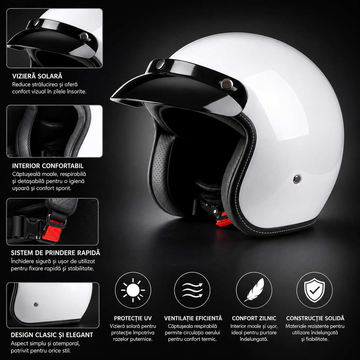 Casca Moto Scuter Retro Vintage FIXATO Alb