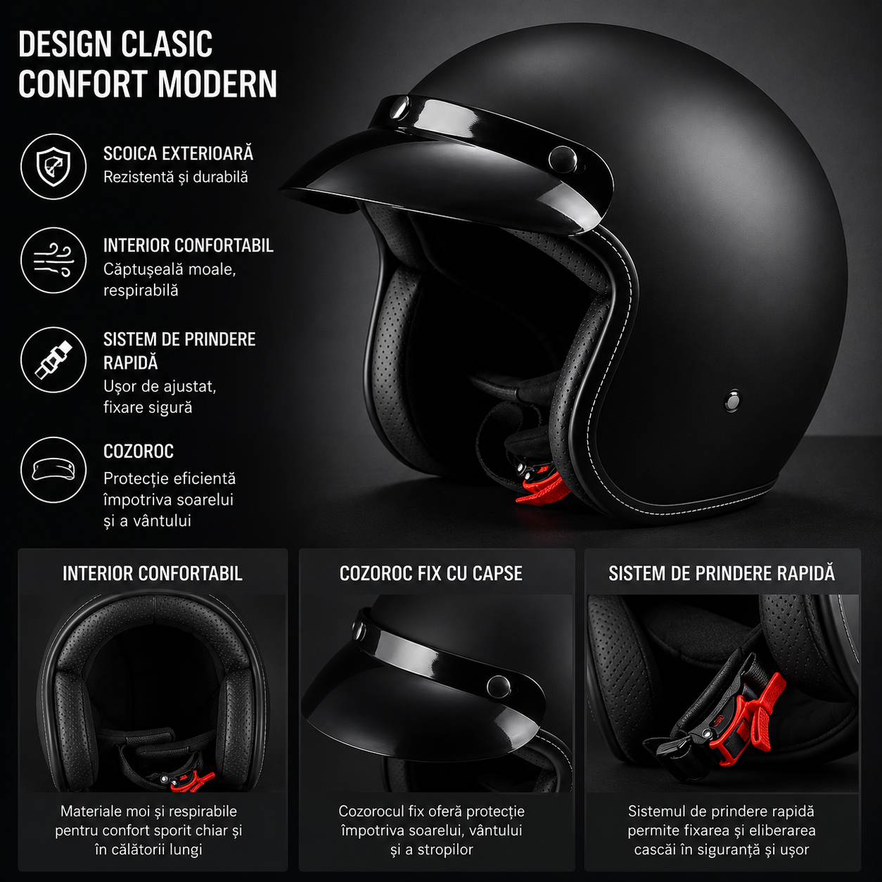 Casca Moto Scuter Retro Vintage FIXATO Negru Mat