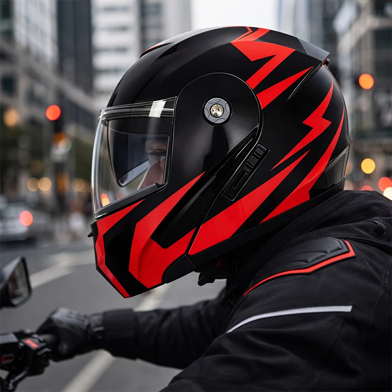 Casca Moto Scuter Flip-up Negru Rosu Motociclist FIXATO