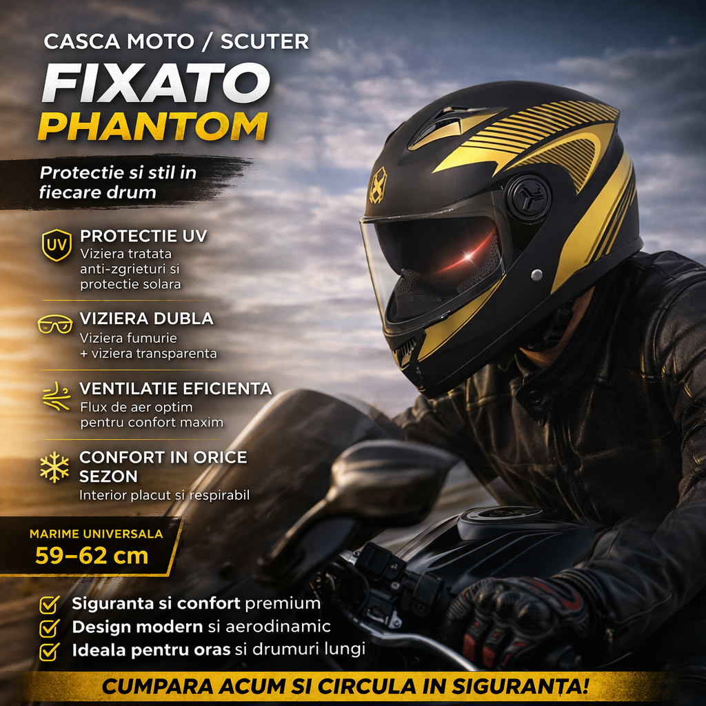 Casca Moto Scuter Full Face FIXATO Phantom Negru Auriu