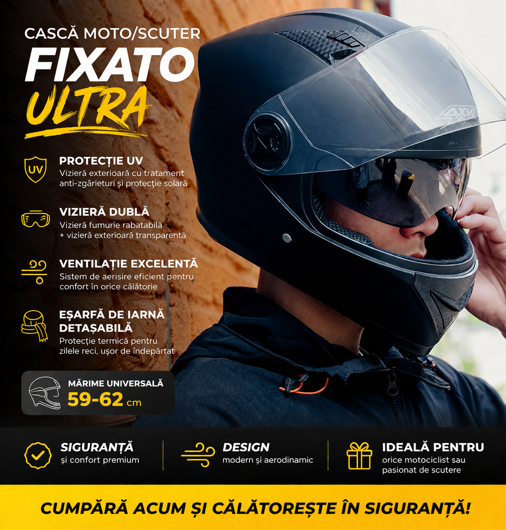 Casca Moto/Scuter FIXATO Ultra, Protectie UV, Viziera Dubla, Ventilatie buna si permeabilitate la aer, Esarfa de iarna detasabila, Marime universala 59-62 cm, Negru