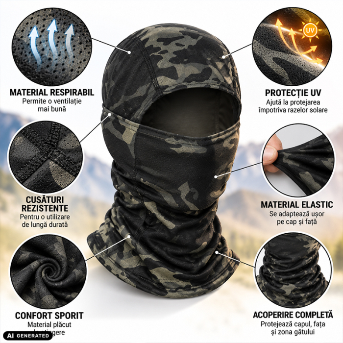 Cagula Tactica FIXATO, 6in1 Multifunctionala, Protectie UV, Material elastic, respirabil, Marime universala, Shadow Camo [3]