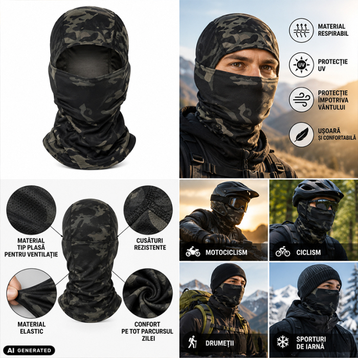 Cagula Tactica FIXATO, 6in1 Multifunctionala, Protectie UV, Material elastic, respirabil, Marime universala, Shadow Camo [5]