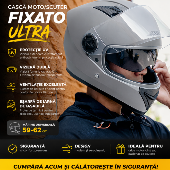 Casca Moto/Scuter FIXATO Ultra, Protectie UV, Viziera Dubla, Ventilatie buna si permeabilitate la aer, Esarfa de iarna detasabila, Marime universala 59-62 cm, Gri [2]