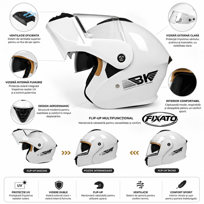 Casca Moto/Scuter Flip-Up FIXATO Nova, Viziera Dubla, Protectie UV, Alb, M 57-58cm [2]