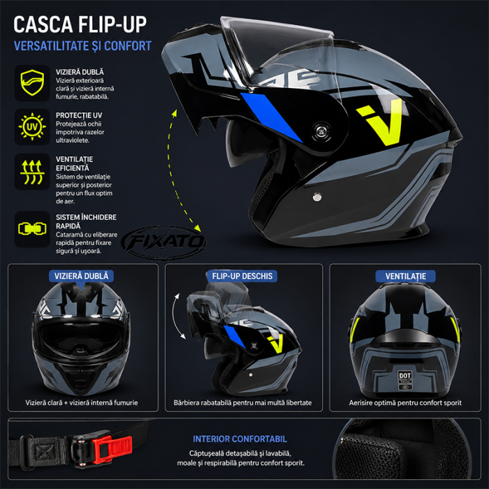 Casca Moto/Scuter Flip-Up FIXATO Nova, Viziera Dubla, Protectie UV, Albastru, M 57-58cm [3]