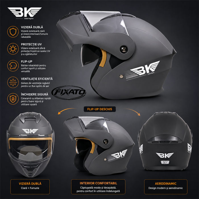 Casca Moto/Scuter Flip-Up FIXATO Nova, Viziera Dubla, Protectie UV, Gri, M 57-58cm [3]