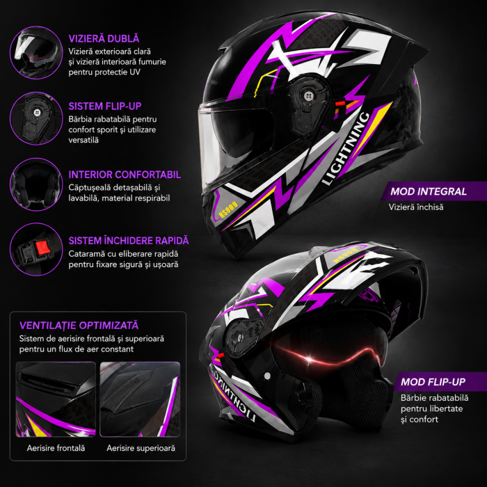 Casca Moto/Scuter Flip-Up FIXATO Viper, Viziera Dubla, Protectie UV, Modulabila, Mov, Marime 57-59cm [2]