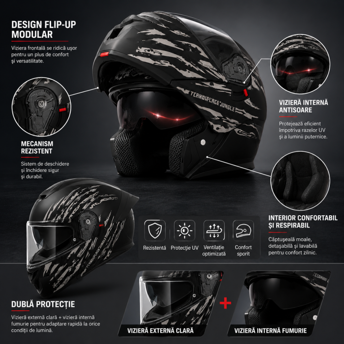Casca Moto/Scuter Flip-Up FIXATO Viper, Viziera Dubla, Protectie UV, Modulabila, Negru Camo, Marime 57-59cm [2]