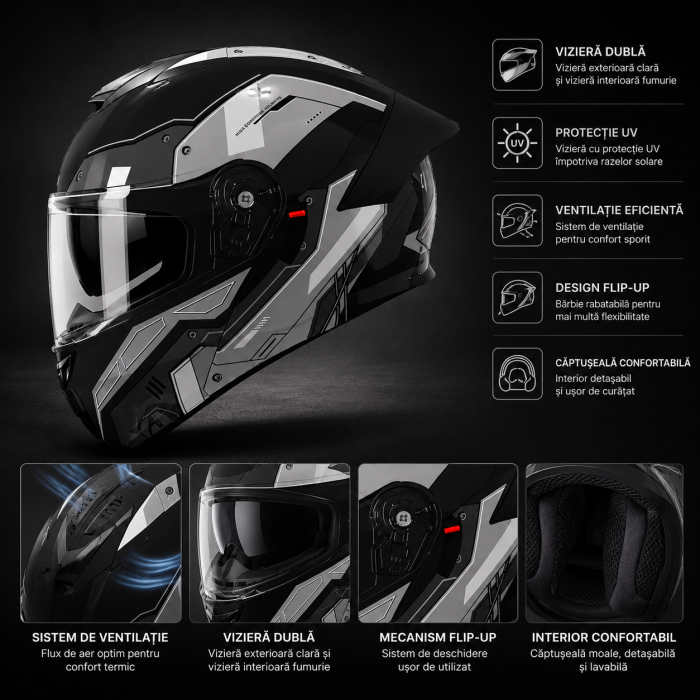 Casca Moto/Scuter Flip-Up FIXATO Viper, Viziera Dubla, Protectie UV, Modulabila, Negru Metal, Marime 57-59cm [2]
