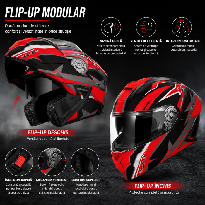 Casca Moto/Scuter Flip-Up FIXATO Viper, Viziera Dubla, Protectie UV, Modulabila, Rosu, Marime 57-59cm [2]