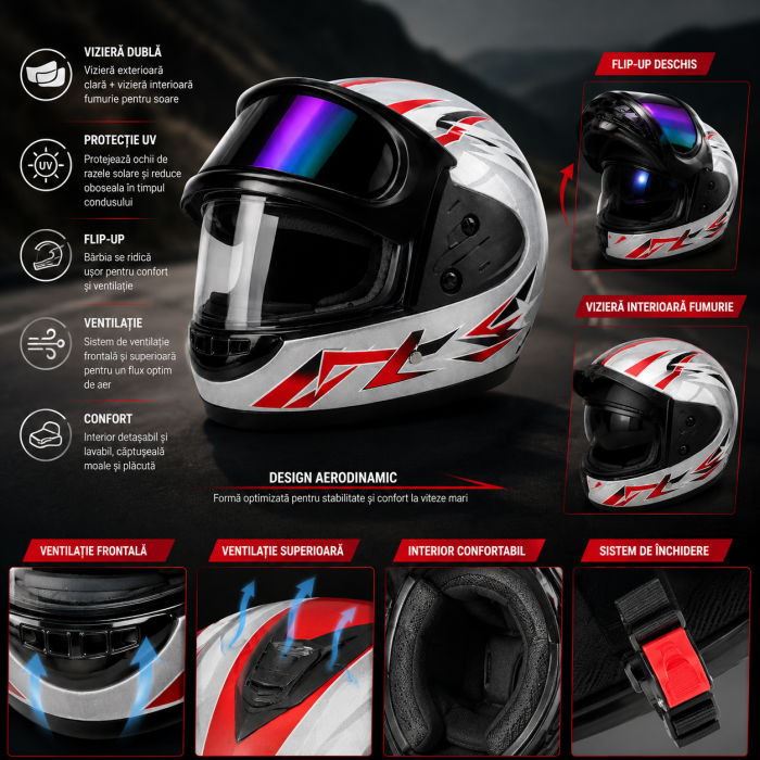 Casca Moto/Scuter Full Face FIXATO, Viziera Dubla, Marime Universala 59-62cm, Gri cu Rosu [2]