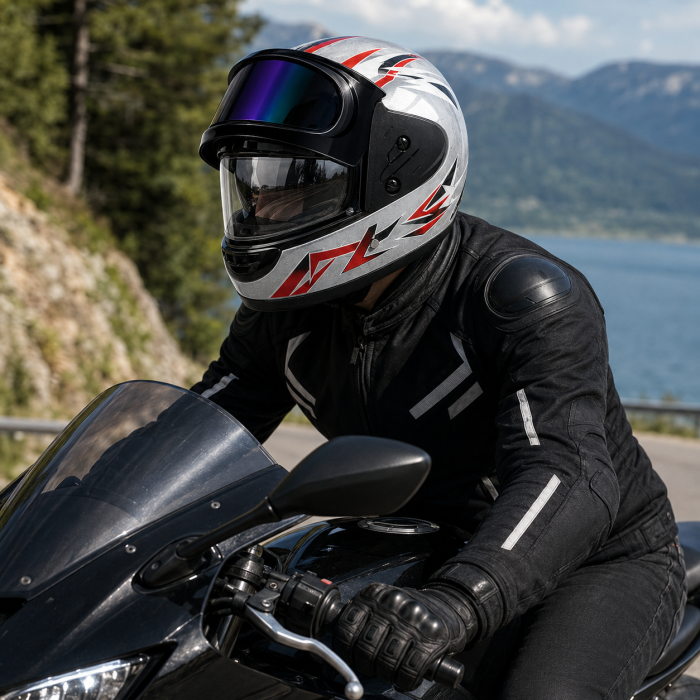 Casca Moto/Scuter Full Face FIXATO, Viziera Dubla, Marime Universala 59-62cm, Gri cu Rosu [3]