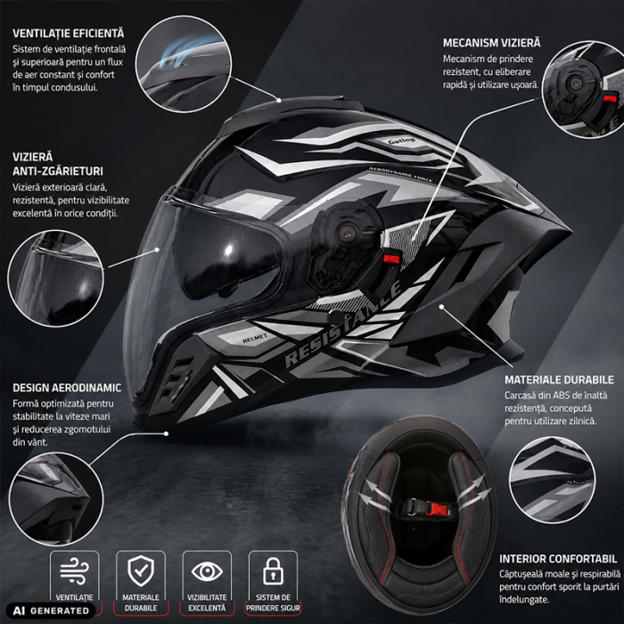 Casca Moto/Scuter Integrala FIXATO Raptor, Protectie UV, Viziera Dubla, Design Sportiv, Negru cu Gri, L 59-60cm [2]