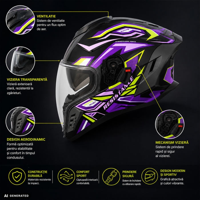 Casca Moto/Scuter Integrala FIXATO Raptor, Protectie UV, Viziera Dubla, Design Sportiv, Negru cu Mov, L 59-60cm [2]