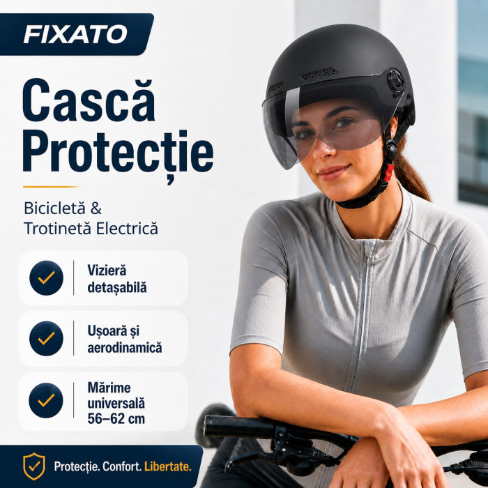 Casca Protectie Bicicleta/Trotineta Electrica FIXATO,  Viziera Detasabila, Usoara si Aerodinamica, Marime Universala 56-62 cm, Negru [2]