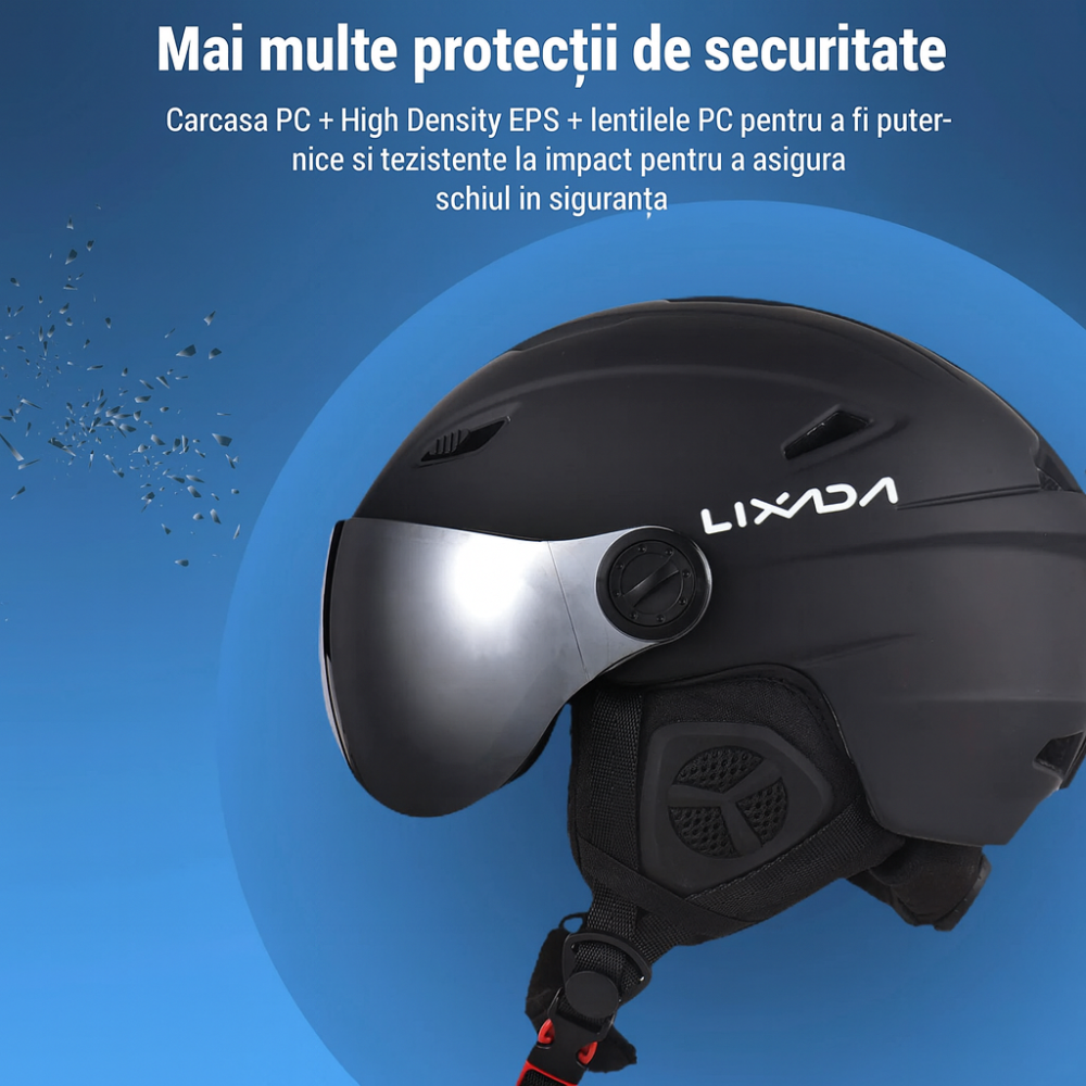 Casca Ski/Snowboard, Cu Viziera dubla anti-ceata si anti-UV, FIXATO, Dimensiune reglabila, Circumferinta 58-62, Negru [7]