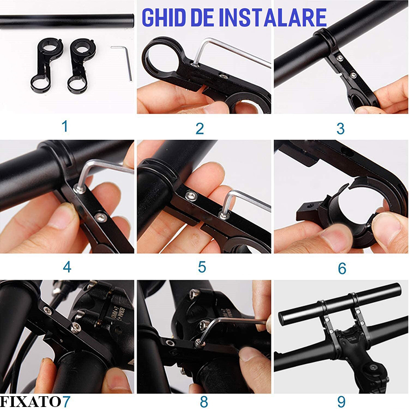 Extensie Ghidon Bicicleta, Trotineta Electrica, Scuter, Suport telefon, Pedometru, Claxon, 20 cm, include Banda Cauciuc anti-zgariere ghidon, FIXATO, Negru [10]