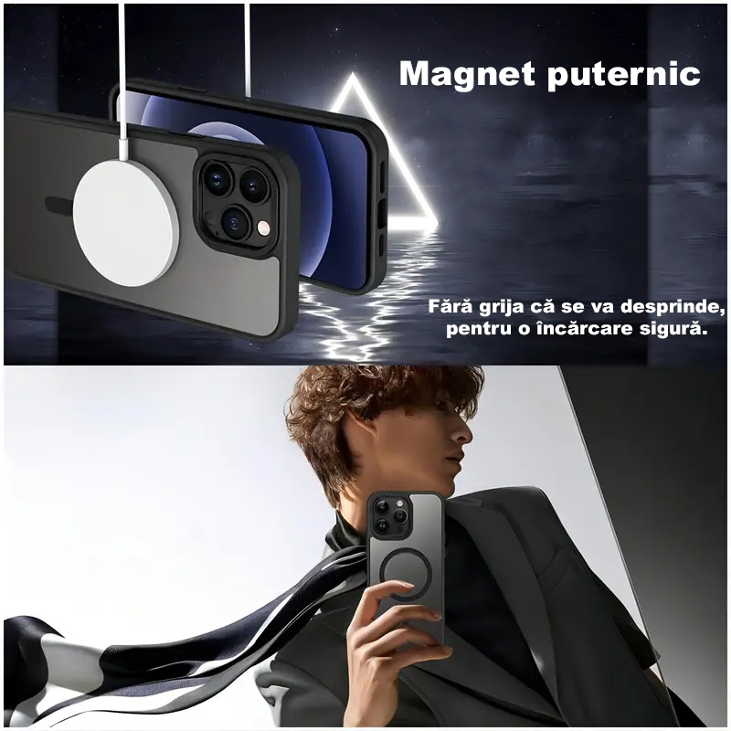 Husa de protectie compatibila cu iPhone 16 Pro, MagSafe, Impermeabil, Antizgarieturi, Anticadere, Semi-Transparenta cu Textura Mata, Neagra [8]