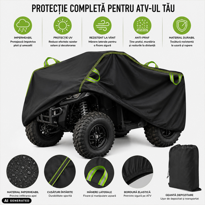 Husa pentru ATV, FIXATO, rezistenta la UV, Impermeabila si la praf, cu Geanta de Depozitare, Benzi Reflectorizante, 210 × 120 × 115 cm, XL, Negru [2]