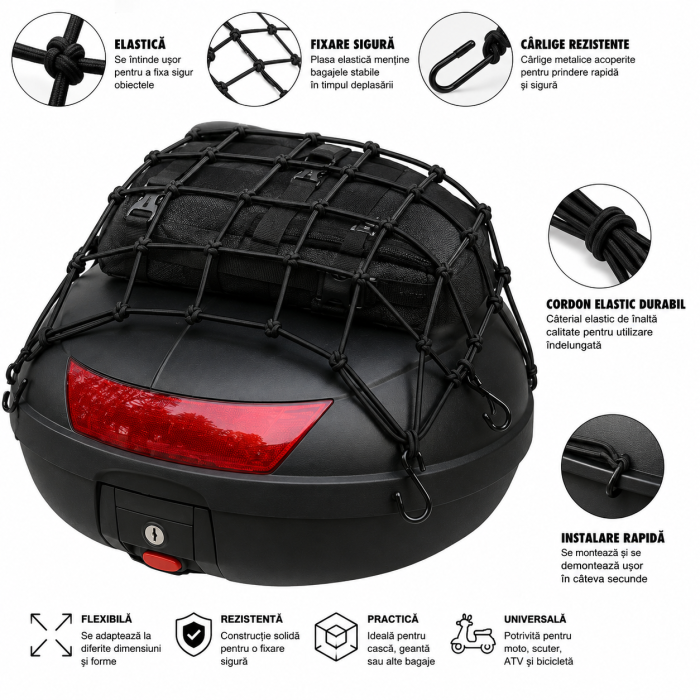 Plasa fixare bagaje FIXATO, pentru Moto, Scuter, ATV sau Bicicleta, fixare rapida cu carlige metalice, Negru, 40*40cm [3]