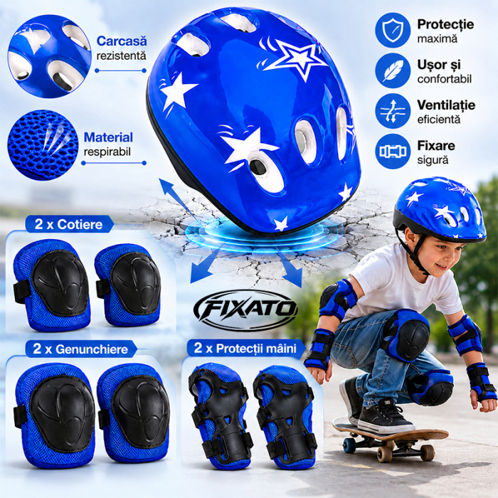 Set Protectie Pentru Copii 7 in 1 FIXATO, Casca pentru 4-12 ani, Genunchiere, Cotiere si Aparatori Incheieturi, pentru Ciclism, Patinaj, Skateboard, Albastru [3]