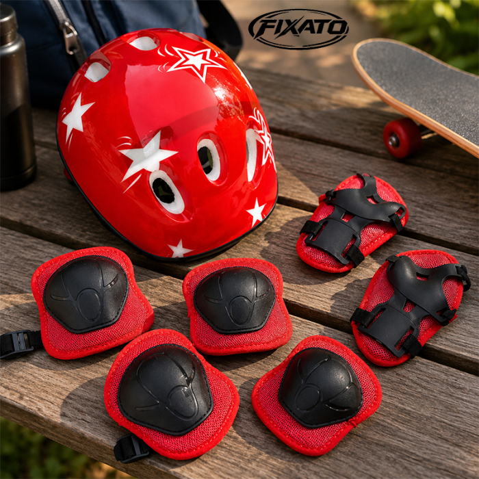 Set Protectie Pentru Copii 7 in 1 FIXATO, Casca pentru 4-12 ani, Genunchiere, Cotiere si Aparatori Incheieturi, pentru Ciclism, Patinaj, Skateboard, Rosu [4]