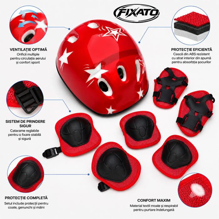 Set Protectie Pentru Copii 7 in 1 FIXATO, Casca pentru 4-12 ani, Genunchiere, Cotiere si Aparatori Incheieturi, pentru Ciclism, Patinaj, Skateboard, Rosu [3]