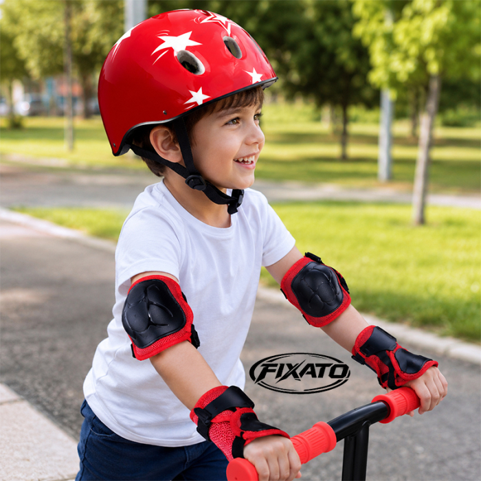 Set Protectie Pentru Copii 7 in 1 FIXATO, Casca pentru 4-12 ani, Genunchiere, Cotiere si Aparatori Incheieturi, pentru Ciclism, Patinaj, Skateboard, Rosu [2]