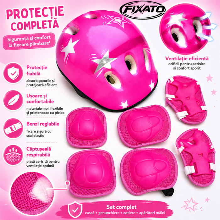 Set Protectie Pentru Copii 7 in 1 FIXATO, Casca pentru 4-12 ani, Genunchiere, Cotiere si Aparatori Incheieturi, pentru Ciclism, Patinaj, Skateboard, Roz [3]
