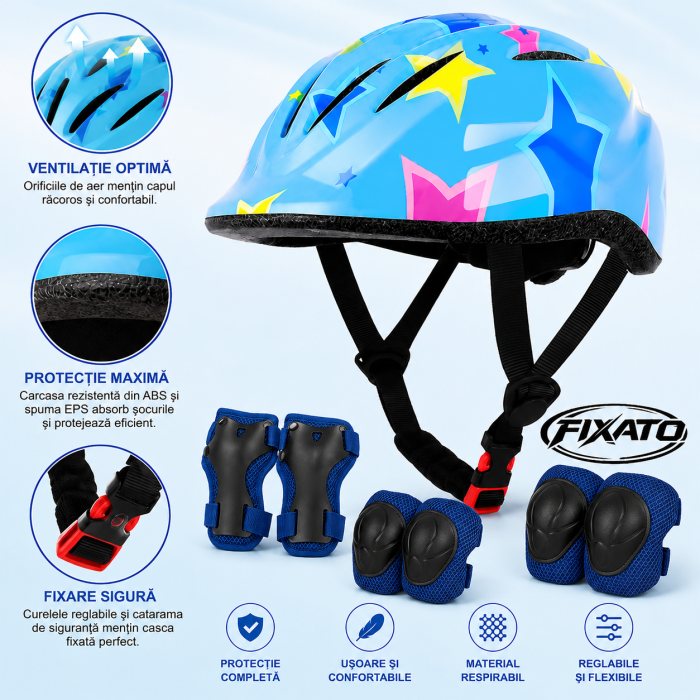 Set Protectie pentru Copii FIXATO 7 in 1, Casca pentru 3-8 ani, Genunchiere, Cotiere, Aparatori Incheieturi, pentru Bicicleta, Trotineta, Role, Marimea XS, Albastru [3]
