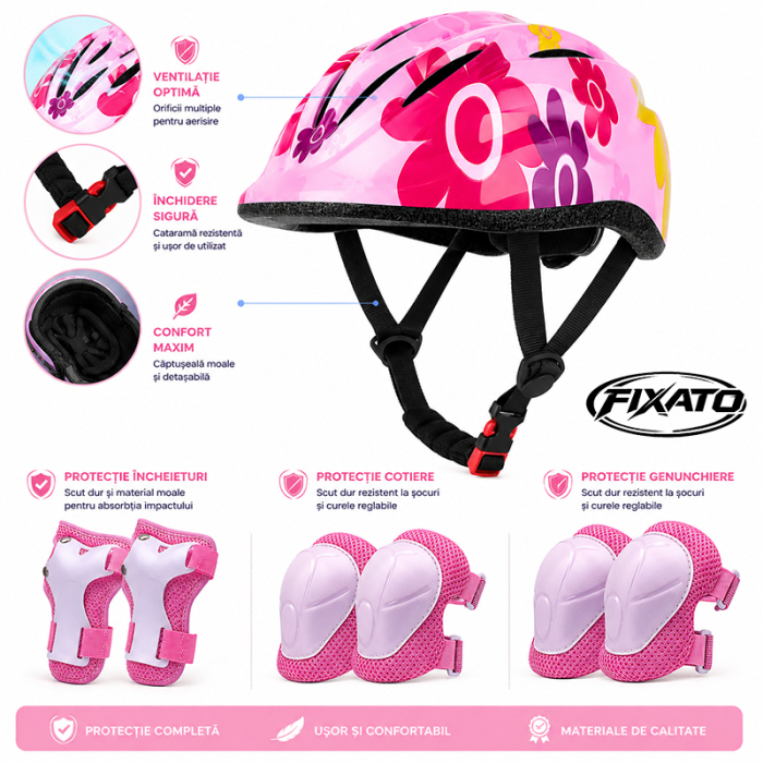 Set Protectie pentru Copii FIXATO 7 in 1, Casca pentru 3-8 ani, Genunchiere, Cotiere, Aparatori Incheieturi, pentru Bicicleta, Trotineta, Role, Marimea XS, Roz [3]