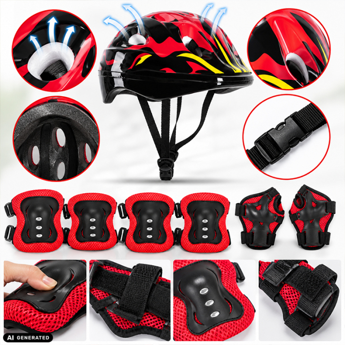 Set Protectie pentru Copii FIXATO, Casca 7 in 1 pentru 3-14 ani, Genunchiere, Cotiere, Aparatori Incheieturi, pentru Bicicleta, Role, Negru cu Rosu [4]