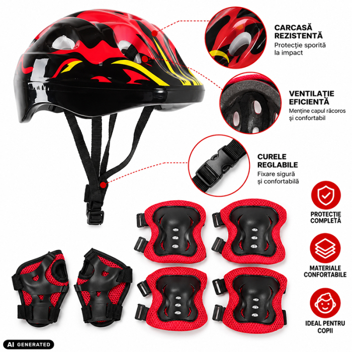 Set Protectie pentru Copii FIXATO, Casca 7 in 1 pentru 3-14 ani, Genunchiere, Cotiere, Aparatori Incheieturi, pentru Bicicleta, Role, Negru cu Rosu [3]