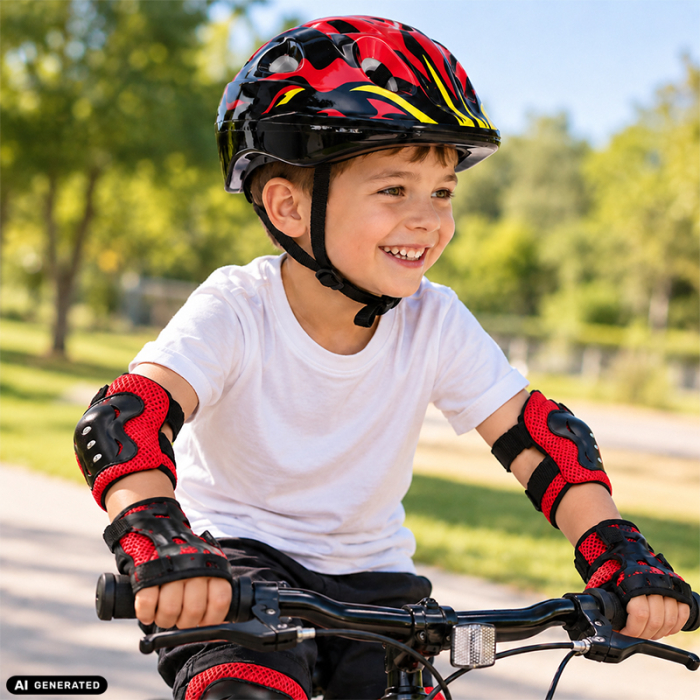 Set Protectie pentru Copii FIXATO, Casca 7 in 1 pentru 3-14 ani, Genunchiere, Cotiere, Aparatori Incheieturi, pentru Bicicleta, Role, Negru cu Rosu [2]