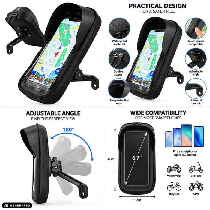 Suport de telefon, rezistent la apa, pentru Bicicleta/Motocicleta/Scuter/Trotineta, FIXATO, Prindere pe Oglinda, Negru [2]