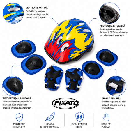 Set Protectie Pentru Copii 7 in 1 FIXATO, Casca pentru 4-12 ani, Genunchiere, Cotiere si Aparatori Incheieturi, pentru Ciclism, Patinaj, Skateboard, Multicolor [3]