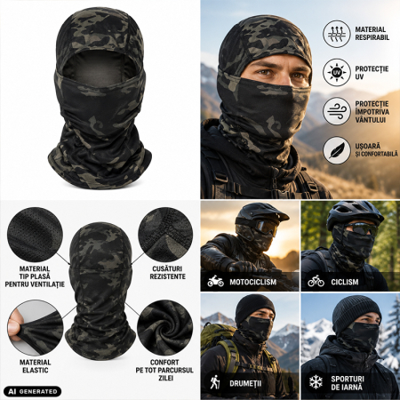 Cagula Tactica FIXATO, 6in1 Multifunctionala, Protectie UV, Material elastic, respirabil, Marime universala, Shadow Camo [4]