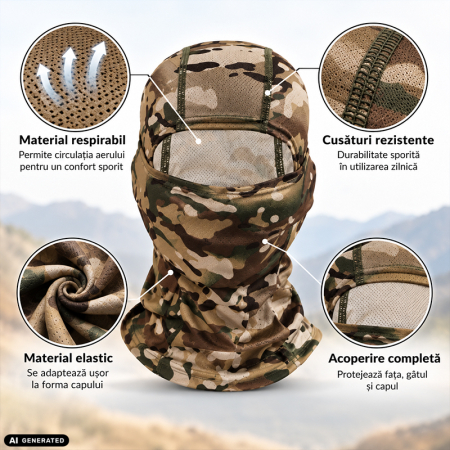 Cagula Tactica FIXATO, 6in1 Multifunctionala, Protectie UV, Material elastic, respirabil, Marime universala, Desert Camo [2]
